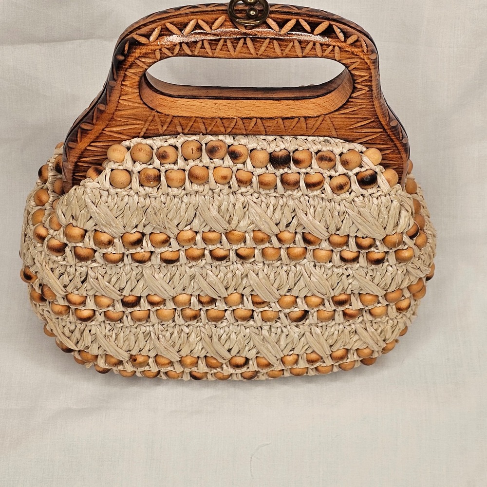 Vintage Japan Raffia Straw Handbag Wood Beaded‎ Top Handle Boho 60s 70s